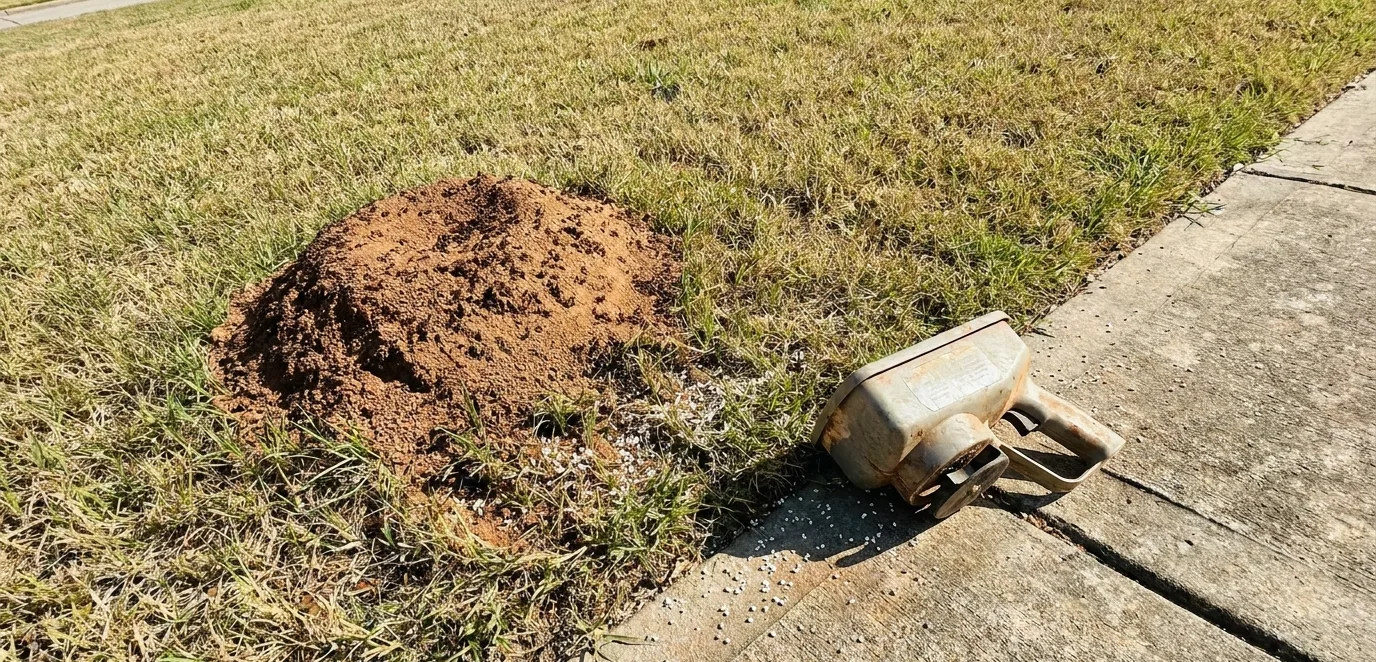 A fire ant mound in a lawn beside a granule spreader