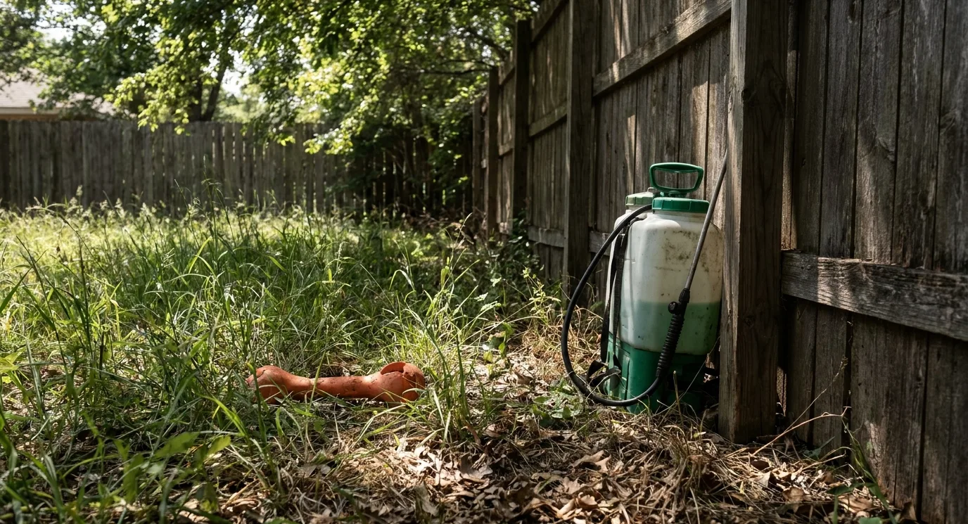 Tall grass along a shaded back fence line