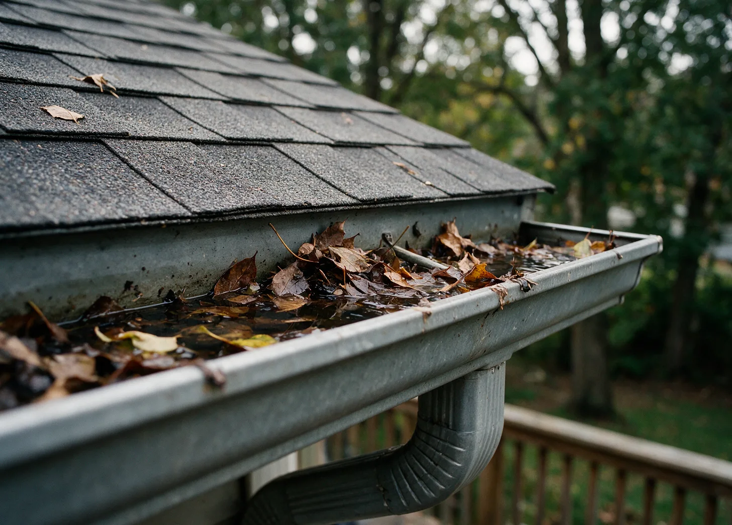 Standing water in a clogged rain gutter