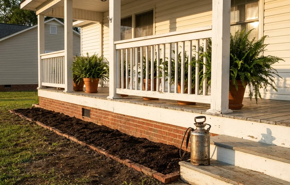 A front porch and freshly treated foundation bed with a pump sprayer on the steps