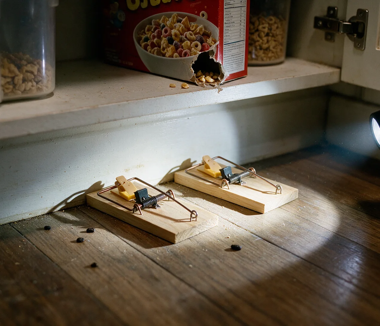 Snap traps set along a pantry baseboard