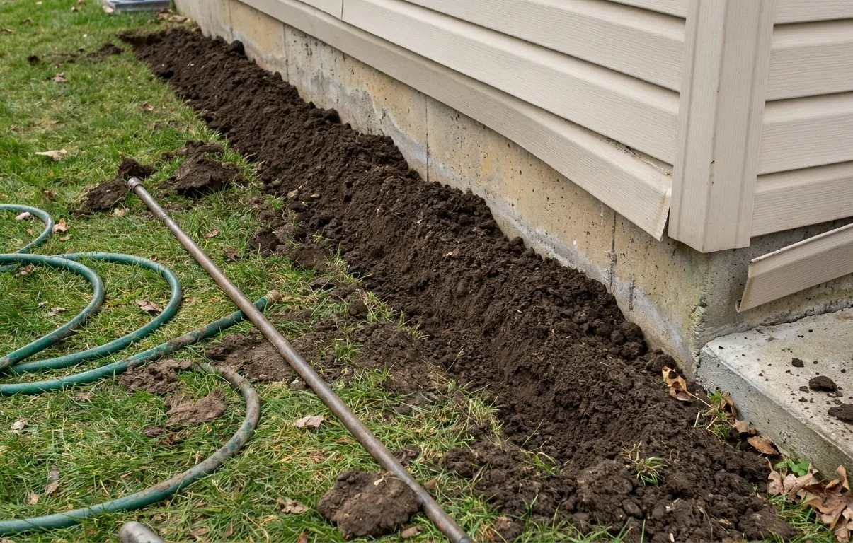 A treated soil trench along a house foundation